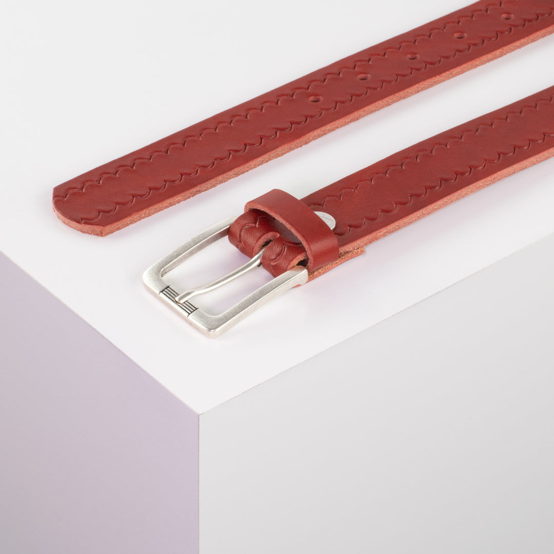 Ledergürtel 3cm mit Schnalle Casablanca silber rot kleine Welle