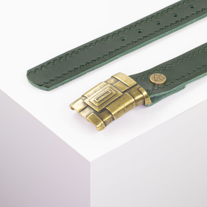 Ledergürtel 3,5cm mit Schnalle Athen messing grün kleine Welle