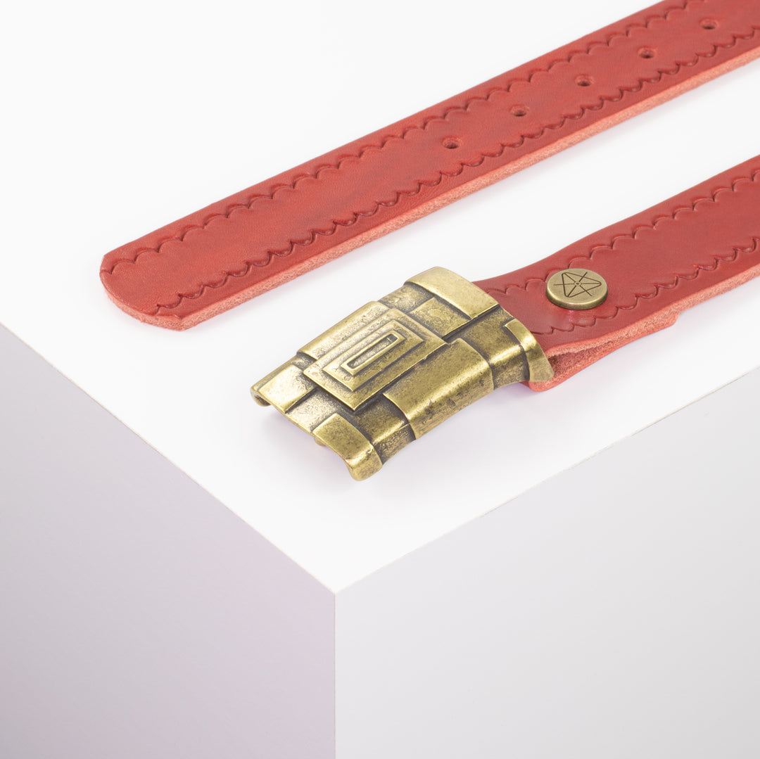 Ledergürtel 3,5cm mit Schnalle Athen messing rot kleine Welle