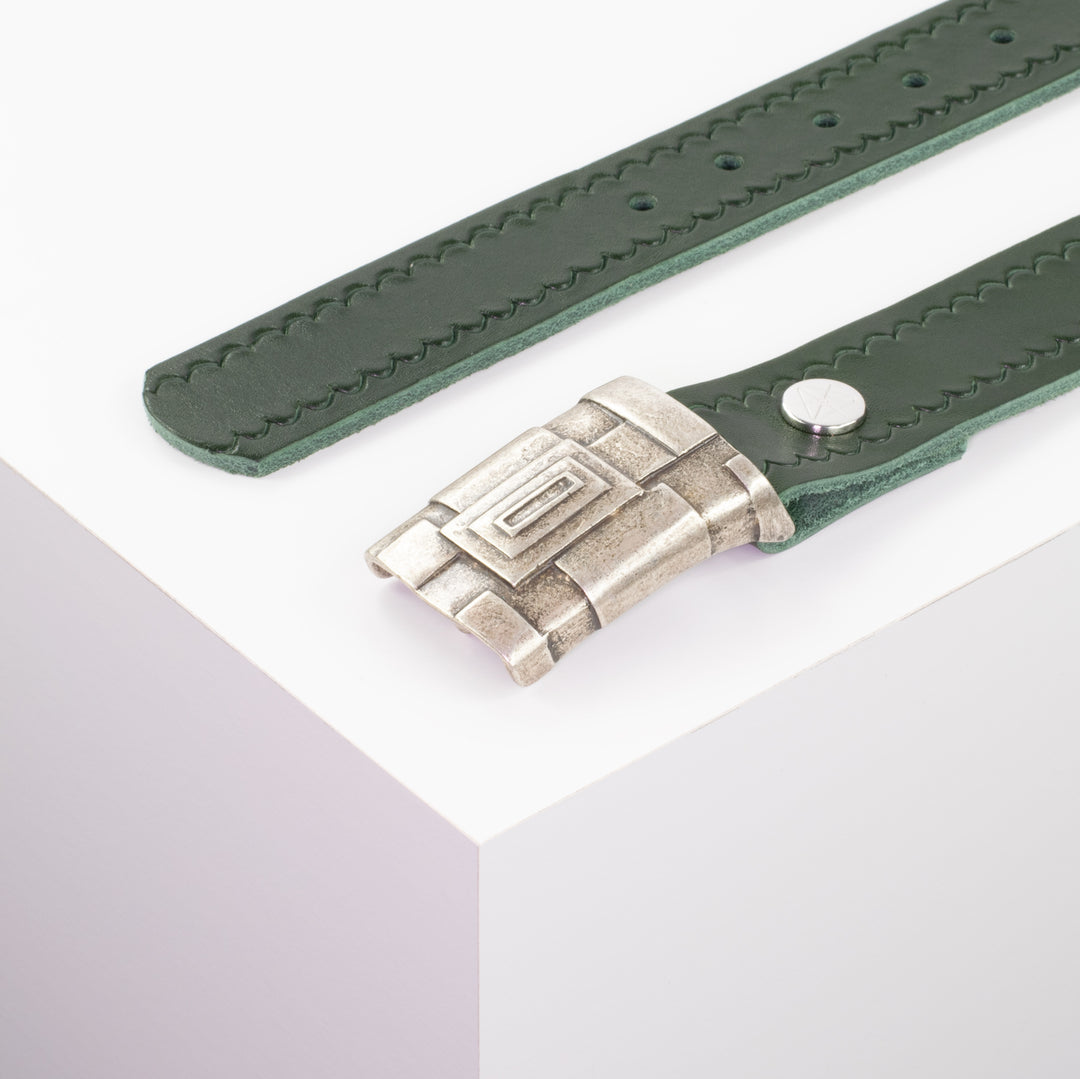 Ledergürtel 3,5cm mit Schnalle Athen silber grün kleine Welle