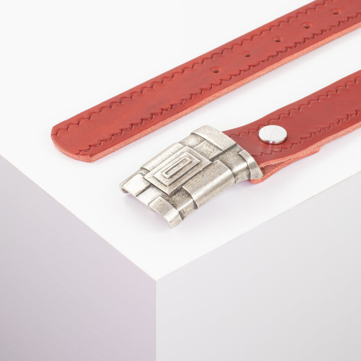 Ledergürtel 3,5cm mit Schnalle Athen silber rot kleine Welle