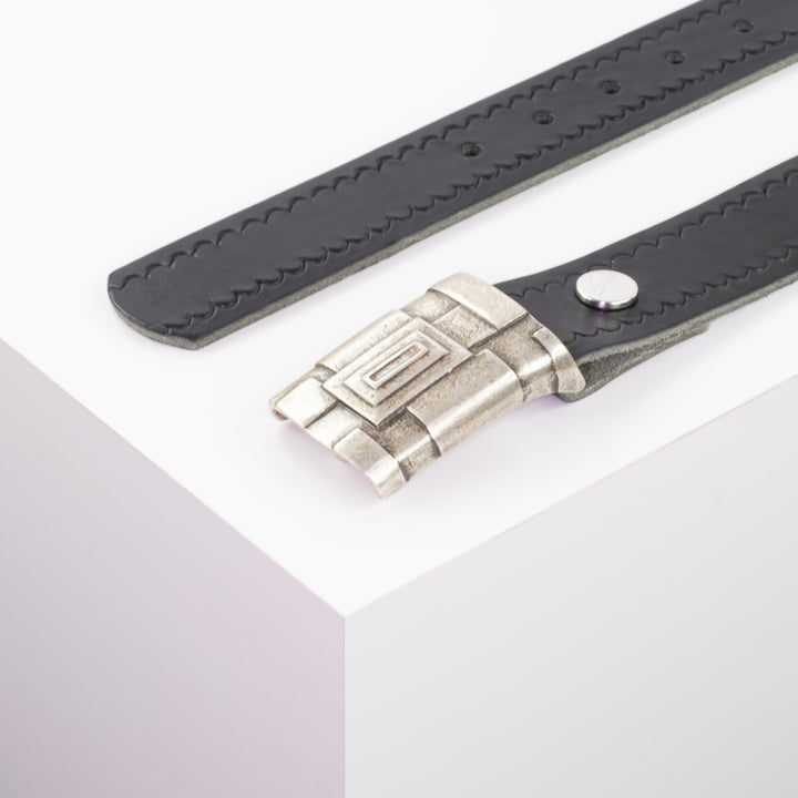Ledergürtel 3,5cm mit Schnalle Athen silber schwarz kleine Welle