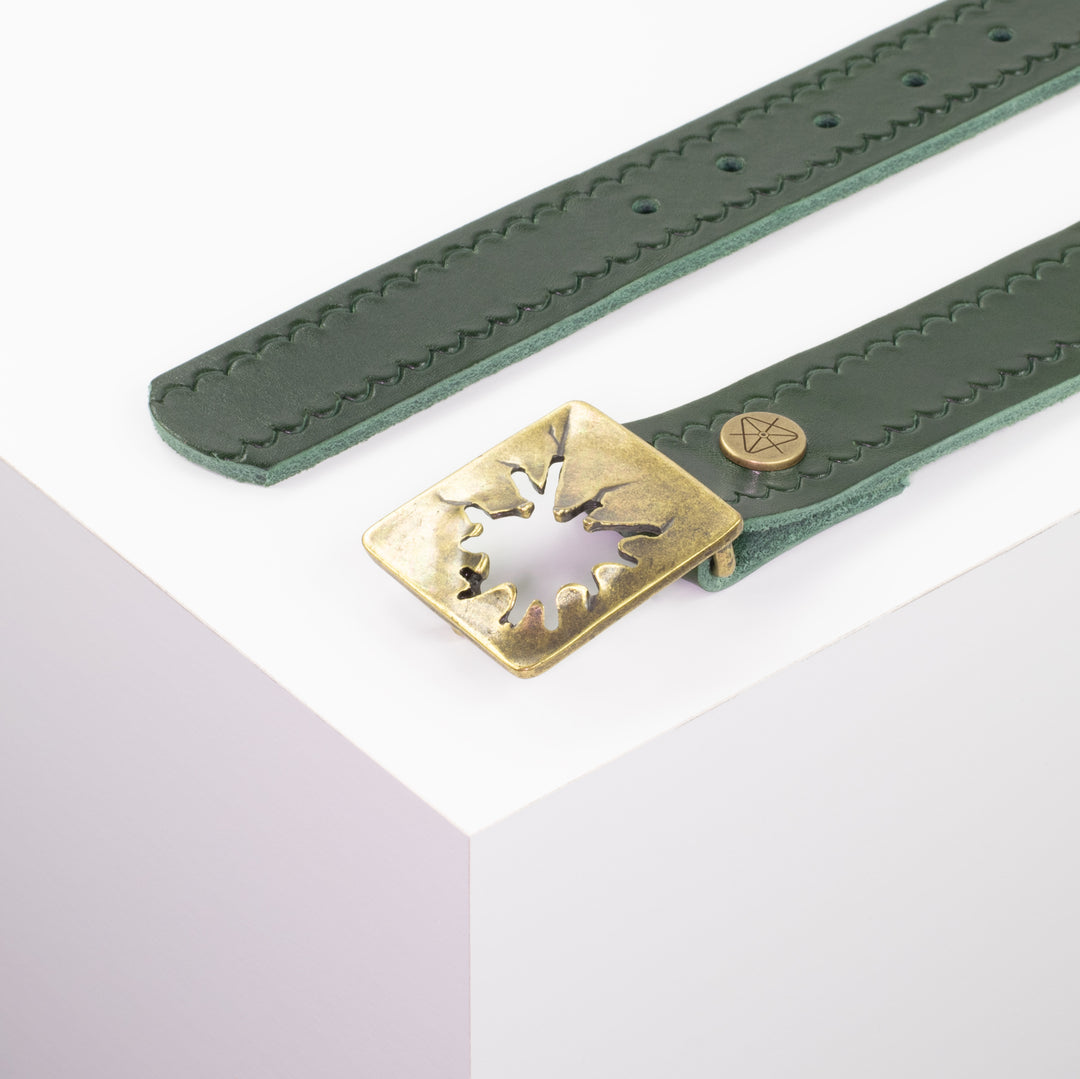 Ledergürtel 3,5cm mit Schnalle Vesuvio messing grün kleine Welle