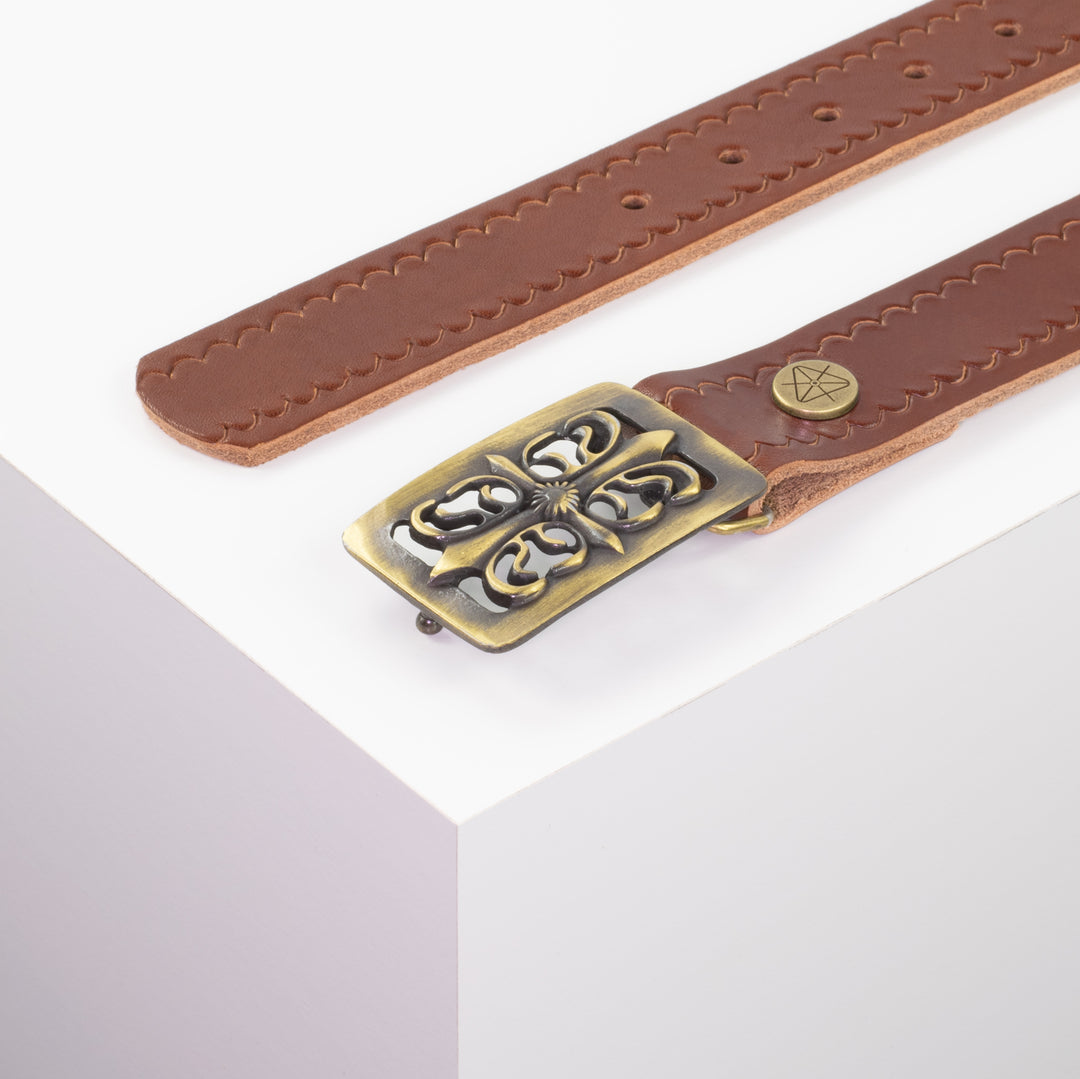Ledergürtel 3,5cm mit Schnalle Ritter messing cognac kleine Welle