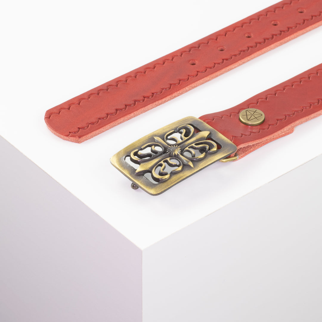 Ledergürtel 3,5cm mit Schnalle Ritter messing rot kleine Welle