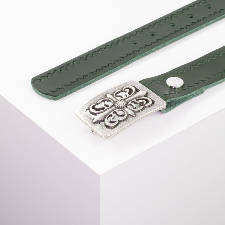 Ledergürtel 3,5cm mit Schnalle Ritter silber grün kleine Welle