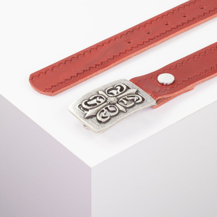 Ledergürtel 3,5cm mit Schnalle Ritter silber rot kleine Welle