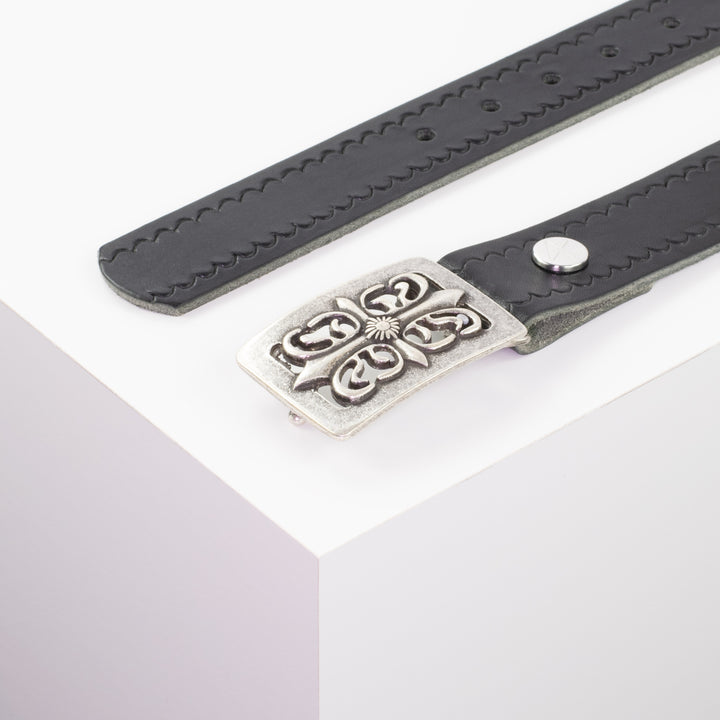 Ledergürtel 3,5cm mit Schnalle Ritter silber schwarz kleine Welle