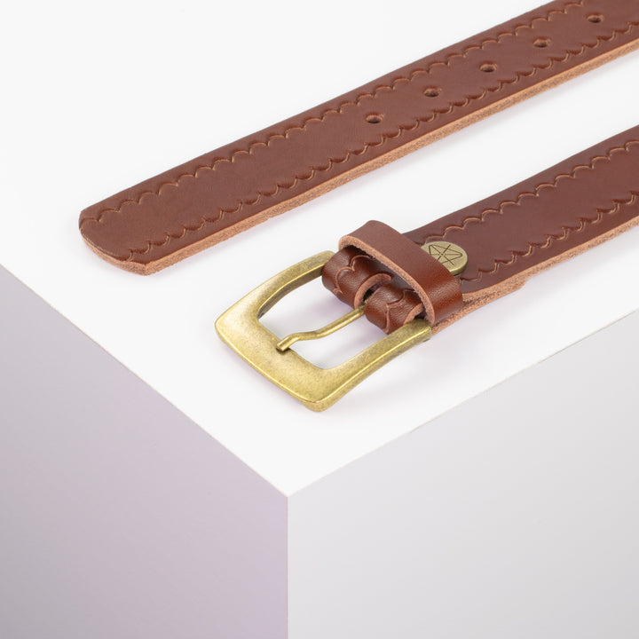 Ledergürtel 3,5cm mit Schnalle Madrid messing cognac kleine Welle