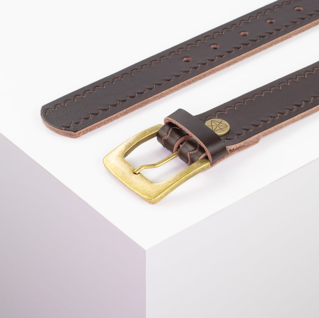 Ledergürtel 3,5cm mit Schnalle Madrid messing dunkelbraun kleine Welle