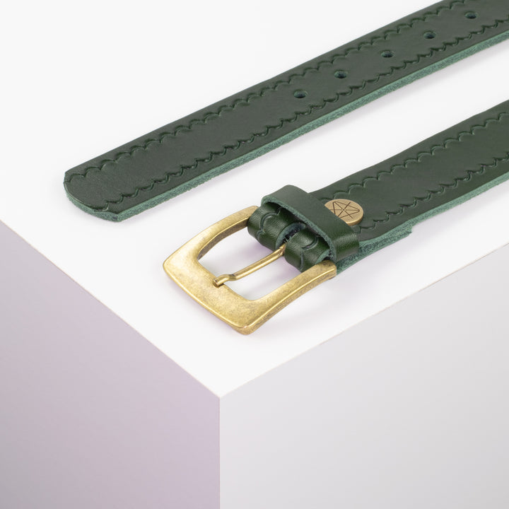 Ledergürtel 3,5cm mit Schnalle Madrid messing grün kleine Welle
