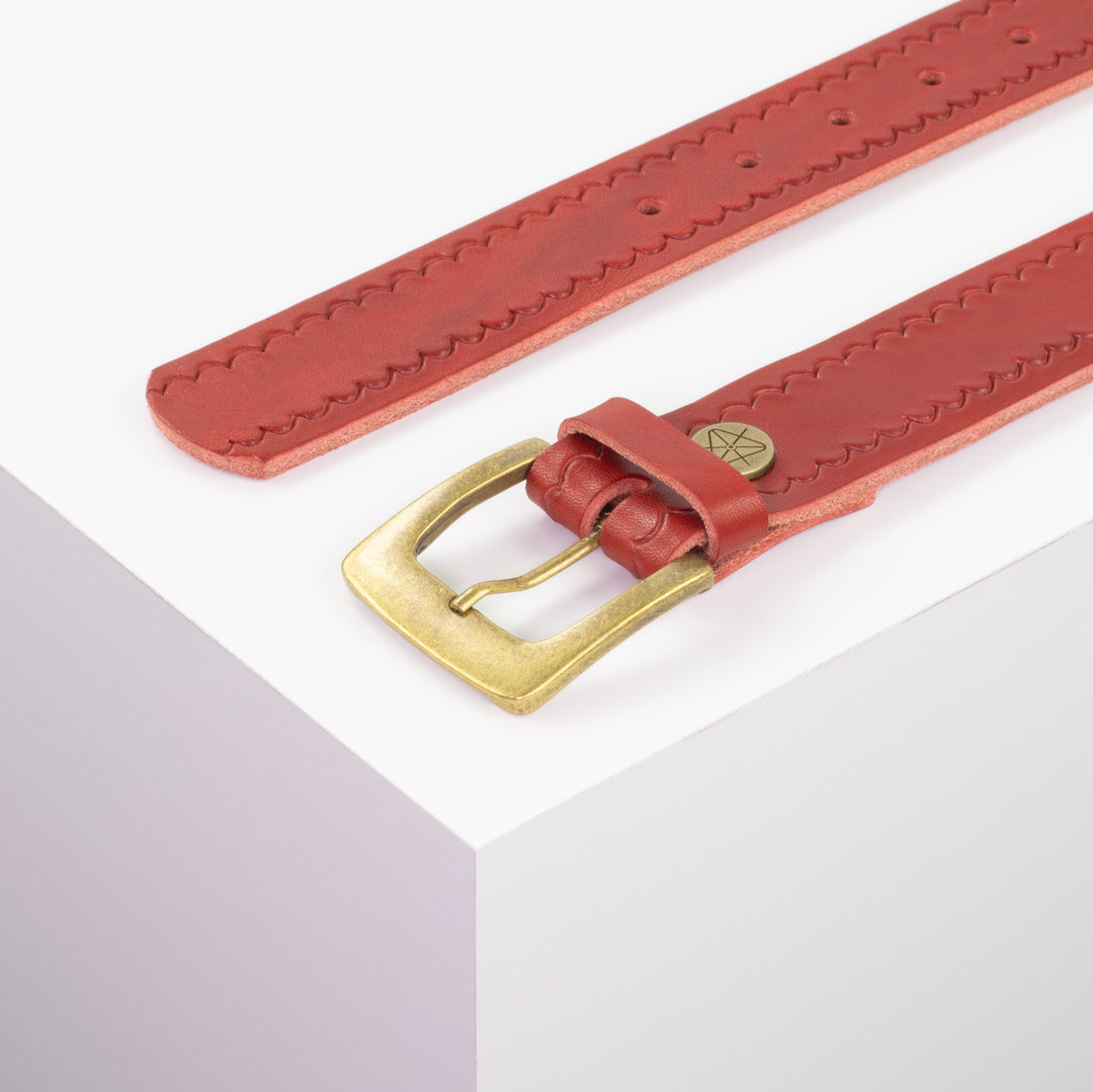 Ledergürtel 3,5cm mit Schnalle Madrid messing rot kleine Welle