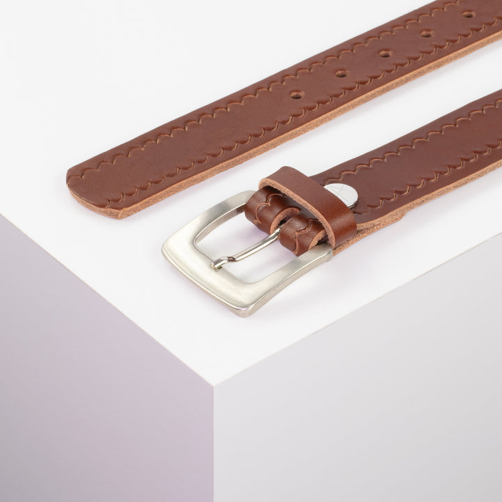 Ledergürtel 3,5cm mit Schnalle Madrid silber glänzend cognac kleine Welle