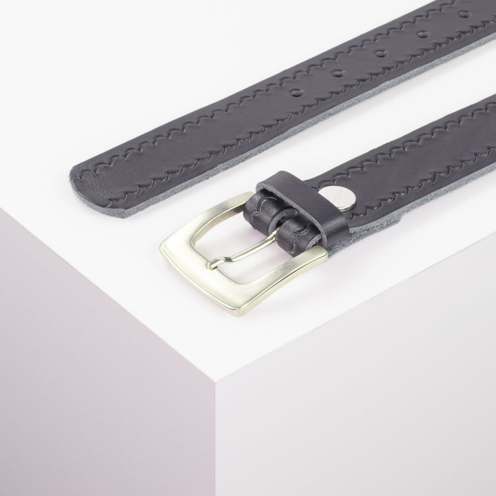 Ledergürtel 3,5cm mit Schnalle Madrid silber glänzend navi kleine Welle