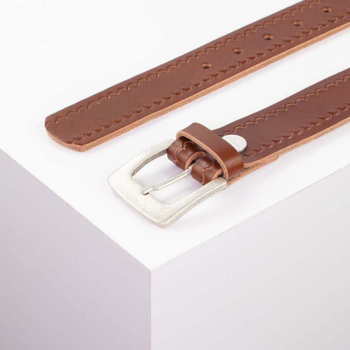 Ledergürtel 3,5cm mit Schnalle Madrid silber matt cognac kleine Welle