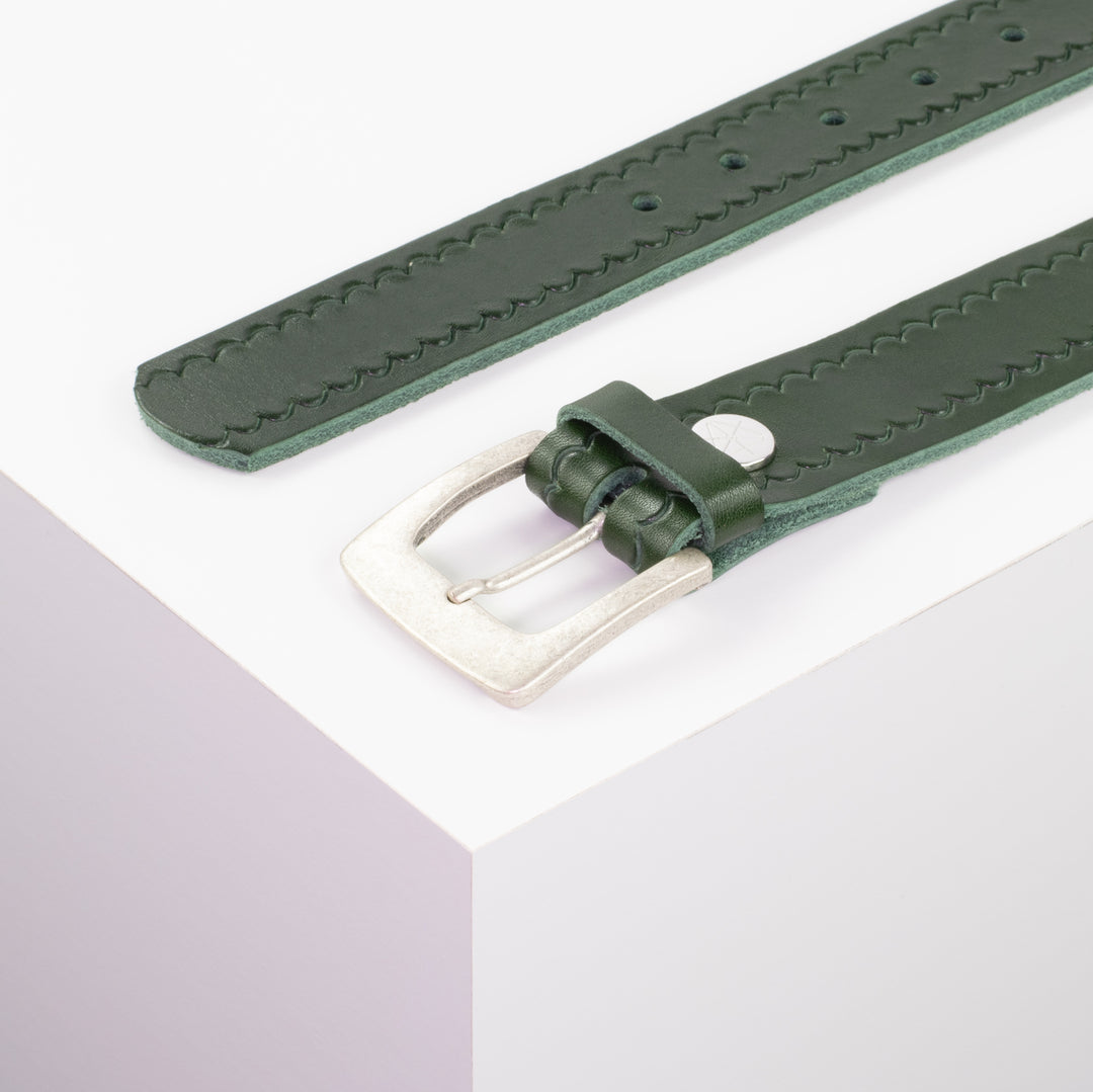 Ledergürtel 3,5cm mit Schnalle Madrid silber matt grün kleine Welle