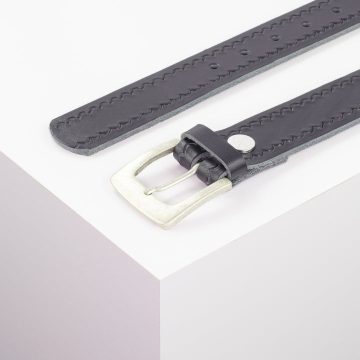 Ledergürtel 3,5cm mit Schnalle Madrid silber matt navi kleine Welle