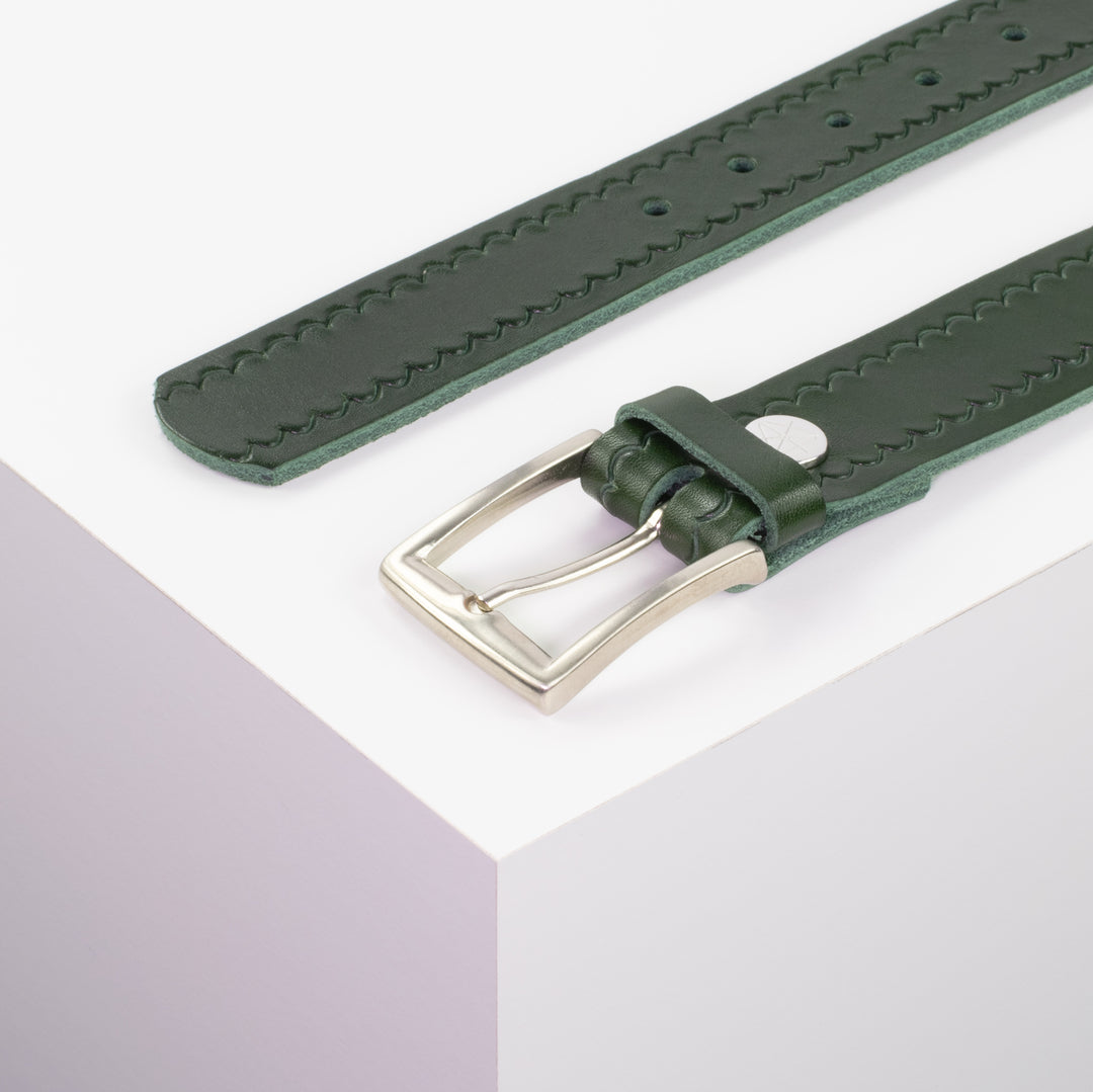Ledergürtel 3,5cm mit Schnalle Toronto silber grün kleine Welle