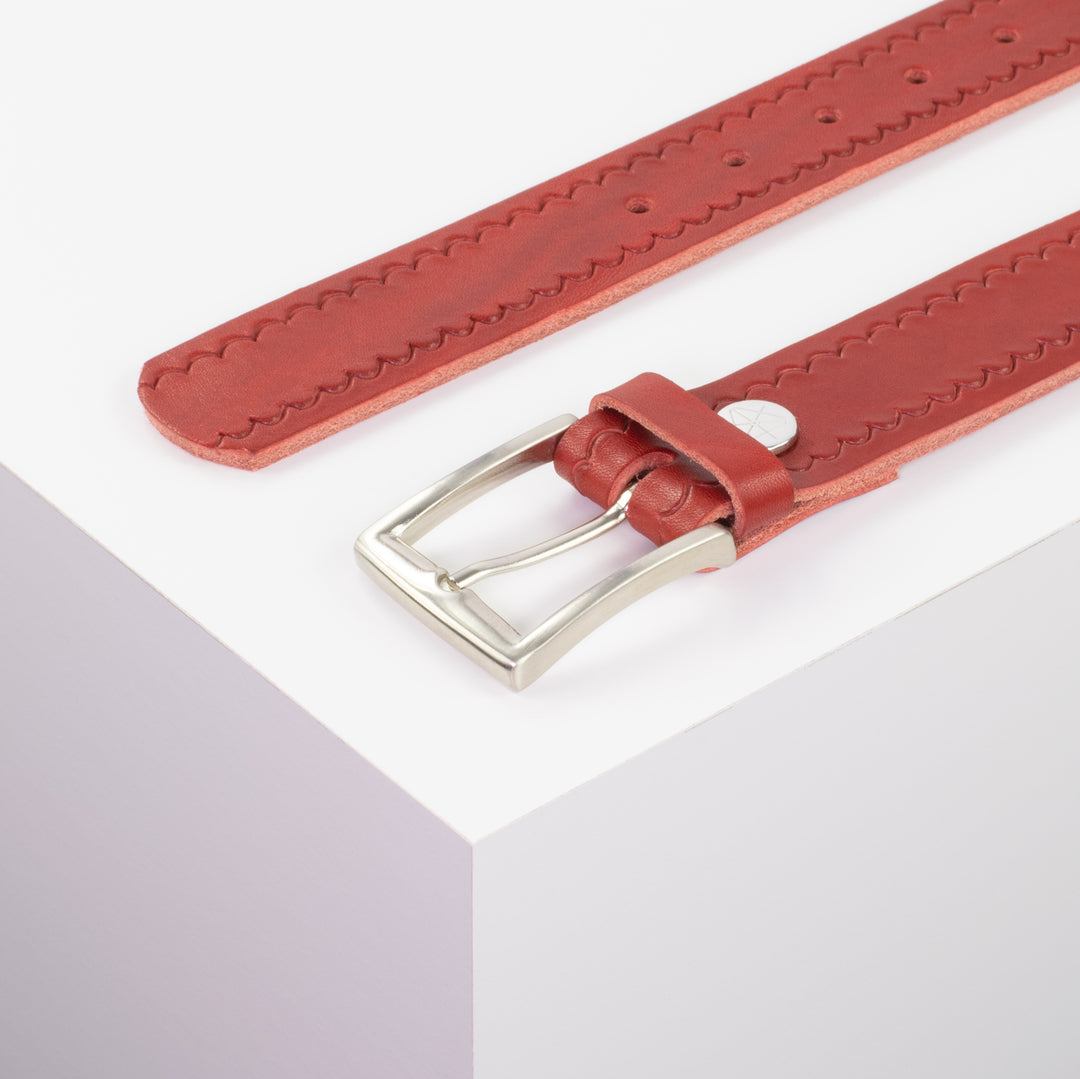 Ledergürtel 3,5cm mit Schnalle Toronto silber rot kleine Welle