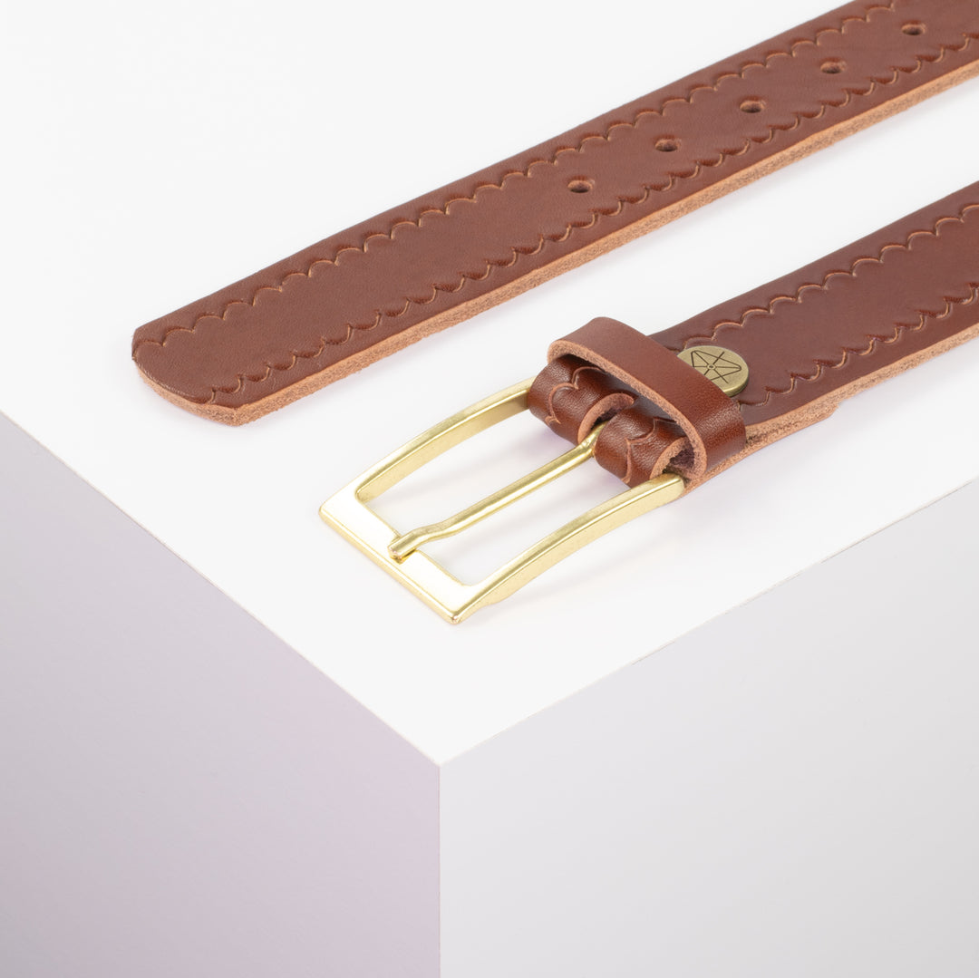 Ledergürtel 3,5cm mit Schnalle Verona gold cognac kleine Welle