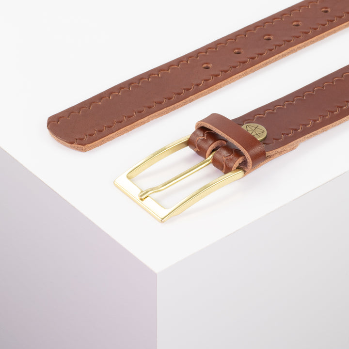 Ledergürtel 3,5cm mit Schnalle Verona gold cognac kleine Welle