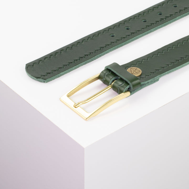 Ledergürtel 3,5cm mit Schnalle Verona gold grün kleine Welle