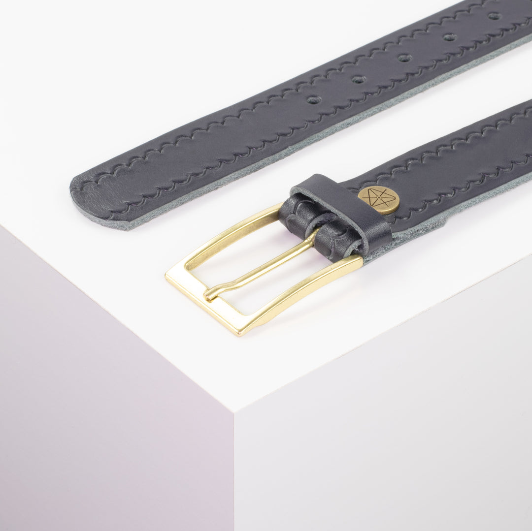 Ledergürtel 3,5cm mit Schnalle Verona gold navi kleine Welle