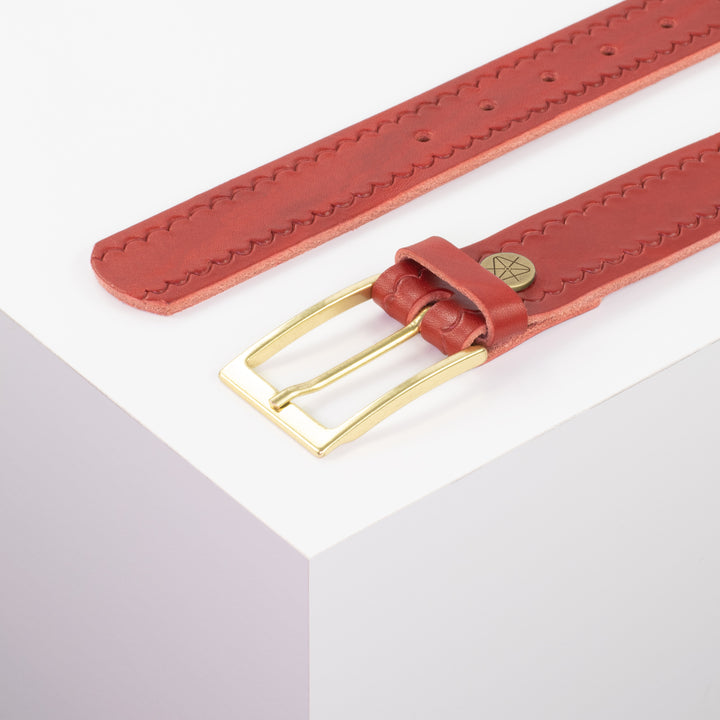 Ledergürtel 3,5cm mit Schnalle Verona gold rot kleine Welle