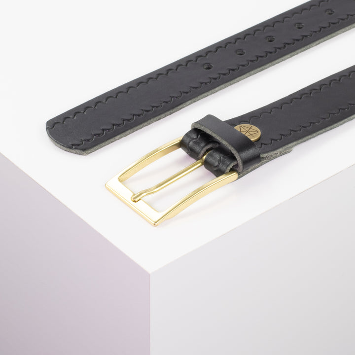Ledergürtel 3,5cm mit Schnalle Verona gold schwarz kleine Welle