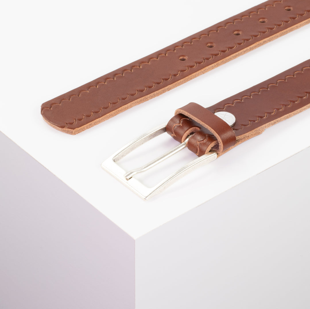 Ledergürtel 3,5cm mit Schnalle Verona silber cognac kleine Welle