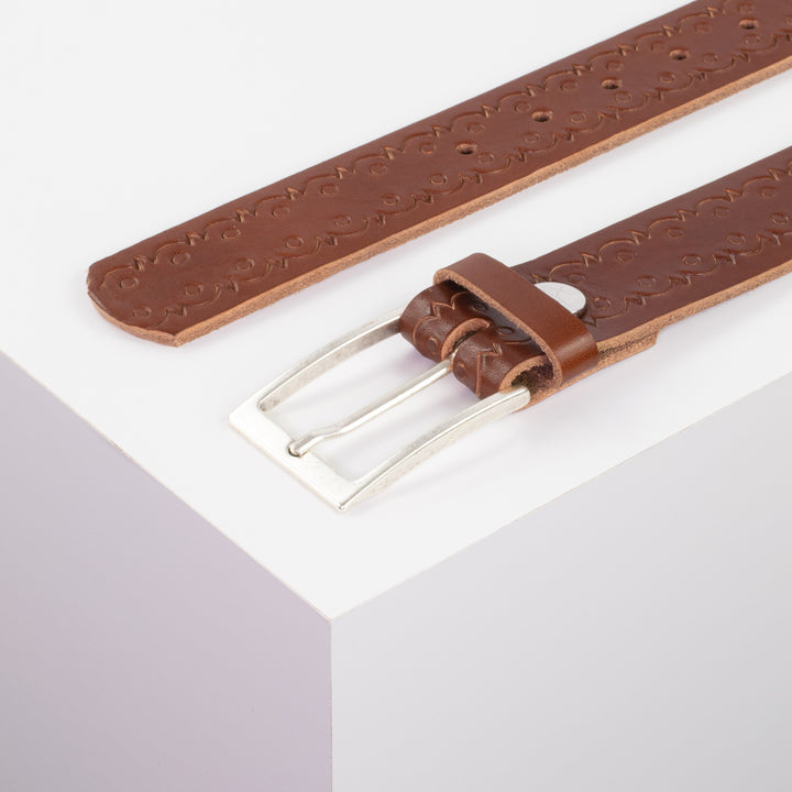 Ledergürtel 3,5cm mit Schnalle Verona silber cognac Lochwelle