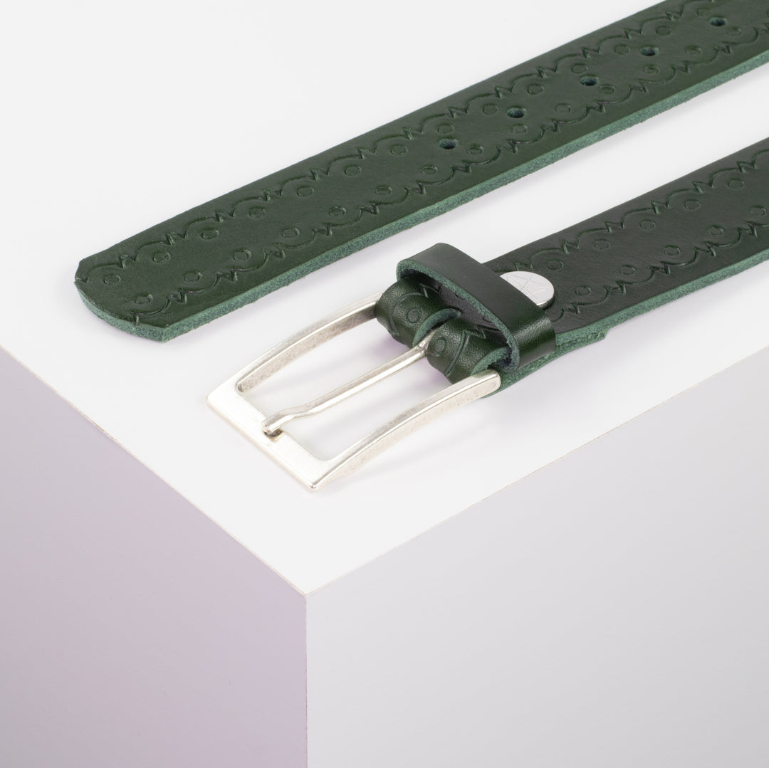 Ledergürtel 3,5cm mit Schnalle Verona silber grün Lochwelle