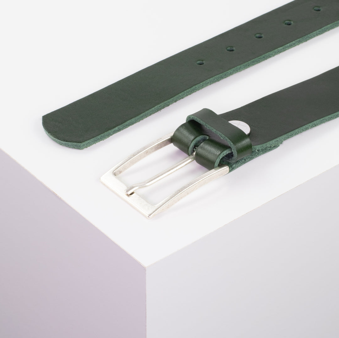Ledergürtel 3,5cm mit Schnalle Verona silber grün ohne Muster
