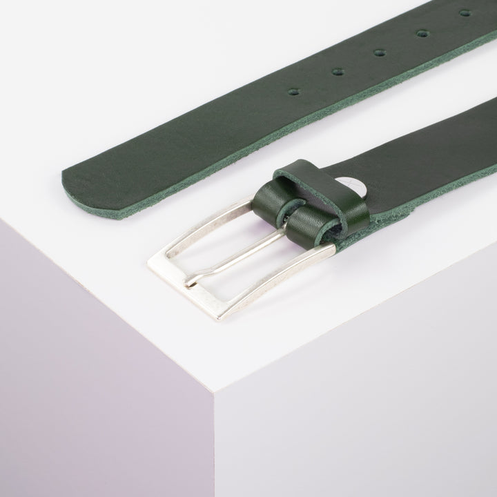 Ledergürtel 3,5cm mit Schnalle Verona silber grün ohne Muster
