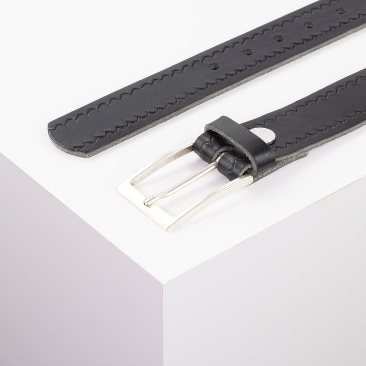 Ledergürtel 3,5cm mit Schnalle Verona silber schwarz kleine Welle