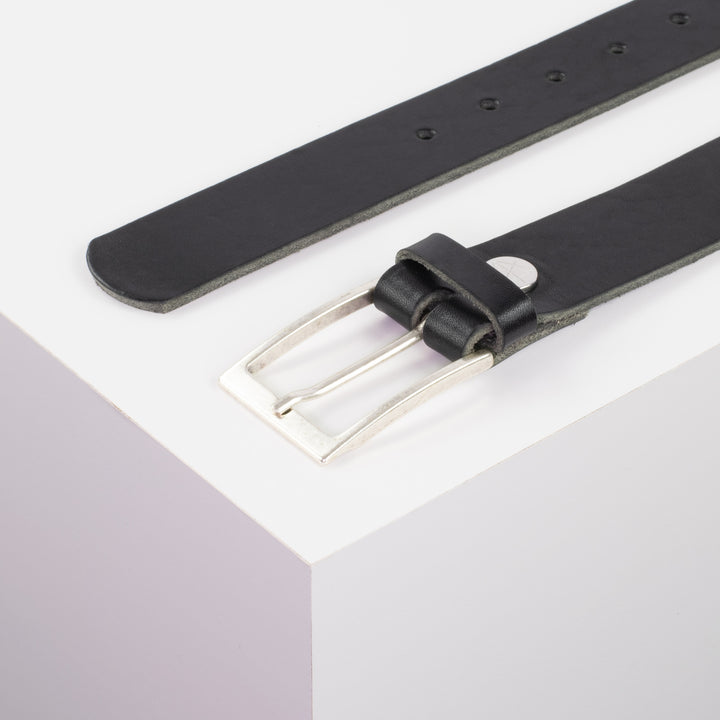 Ledergürtel 3,5cm mit Schnalle Verona silber schwarz ohne Muster