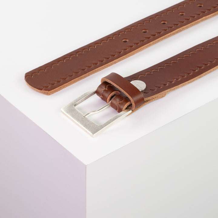 Ledergürtel 3,5cm mit Schnalle Porto silber cognac kleine Welle