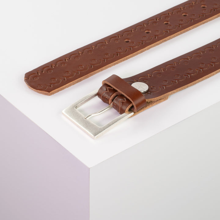 Ledergürtel 3,5cm mit Schnalle Porto silber cognac Lochwelle