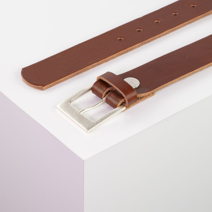 Ledergürtel 3,5cm mit Schnalle Porto silber cognac ohne Muster