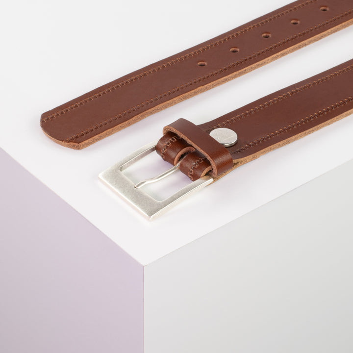 Ledergürtel 3,5cm mit Schnalle Porto silber cognac Reißverschluss