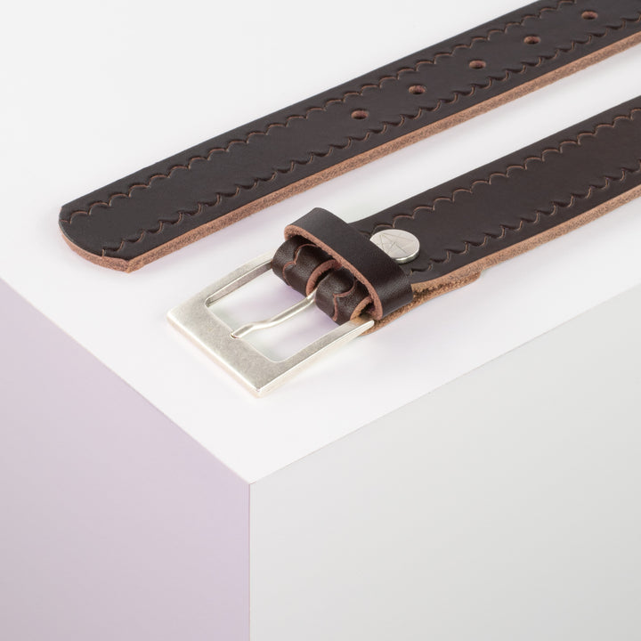Ledergürtel 3,5cm mit Schnalle Porto silber dunkelbraun kleine Welle