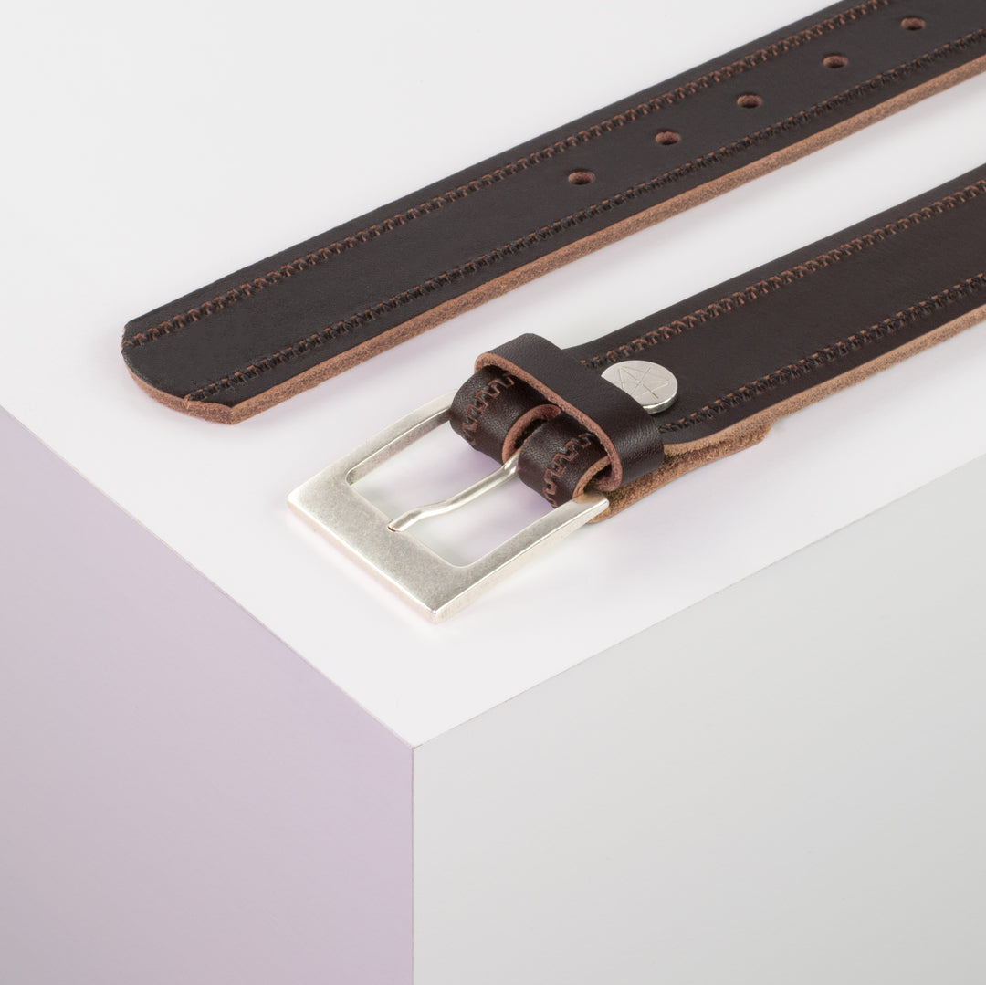 Ledergürtel 3,5cm mit Schnalle Porto silber dunkelbraun Reißverschluss
