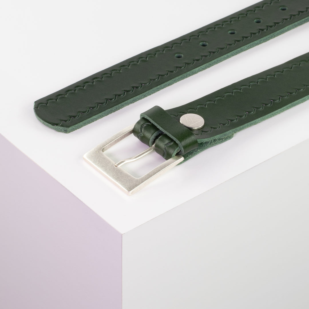 Ledergürtel 3,5cm mit Schnalle Porto silber grün kleine Welle
