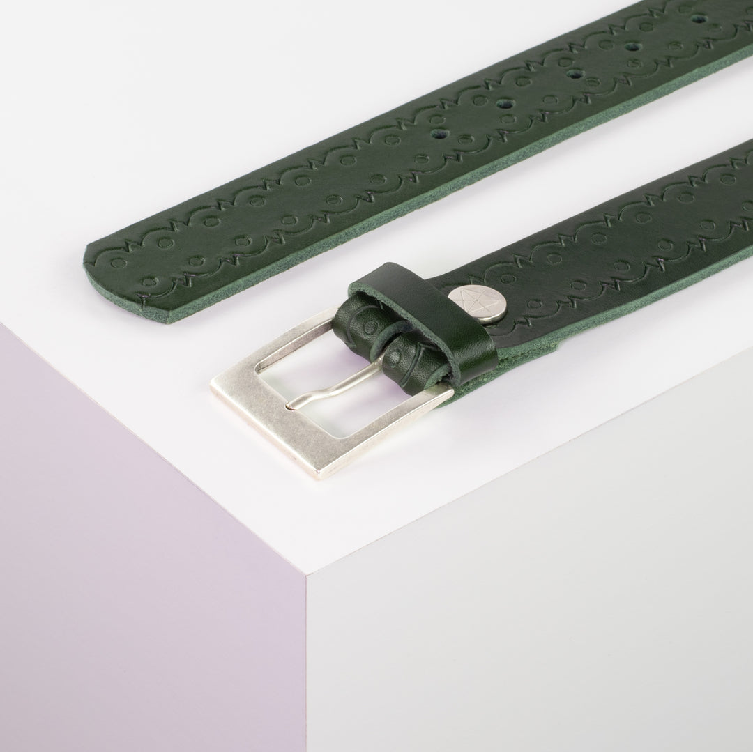 Ledergürtel 3,5cm mit Schnalle Porto silber grün Lochwelle