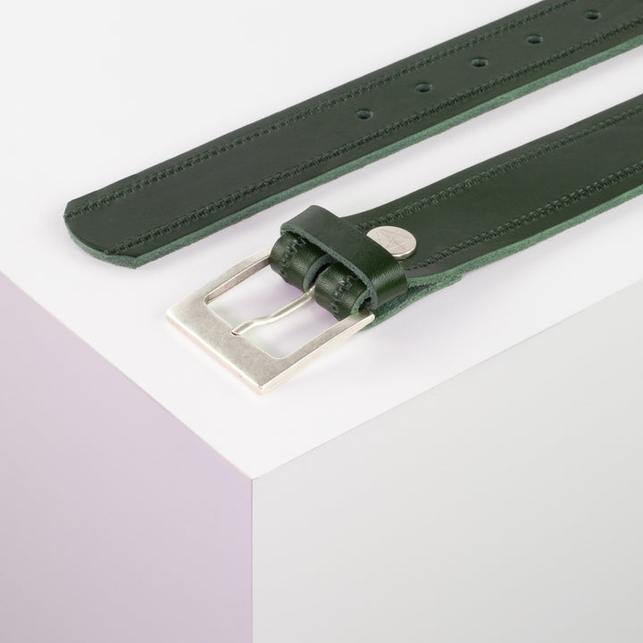 Ledergürtel 3,5cm mit Schnalle Porto silber grün Reißverschluss