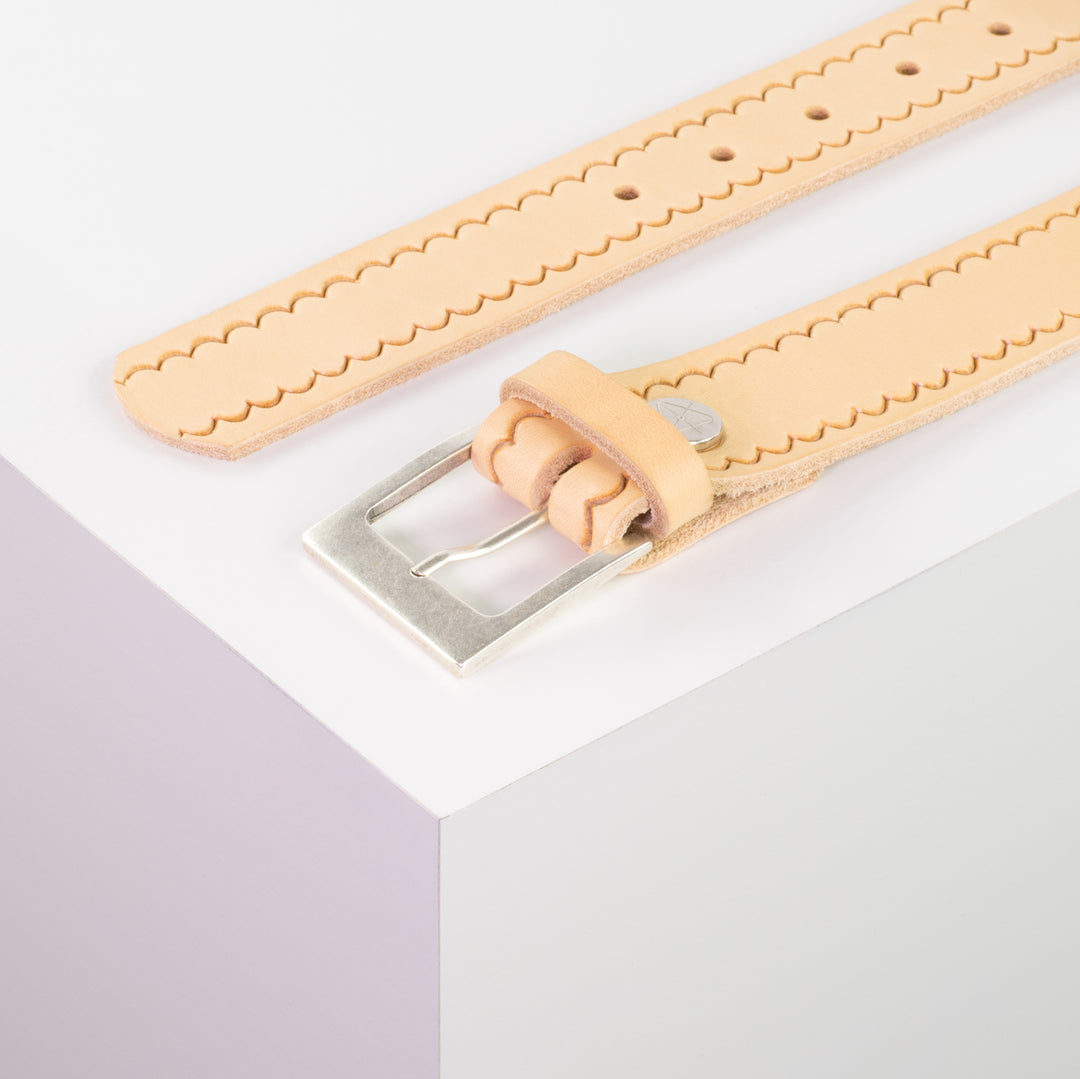Ledergürtel 3,5cm mit Schnalle Porto silber natur kleine Welle