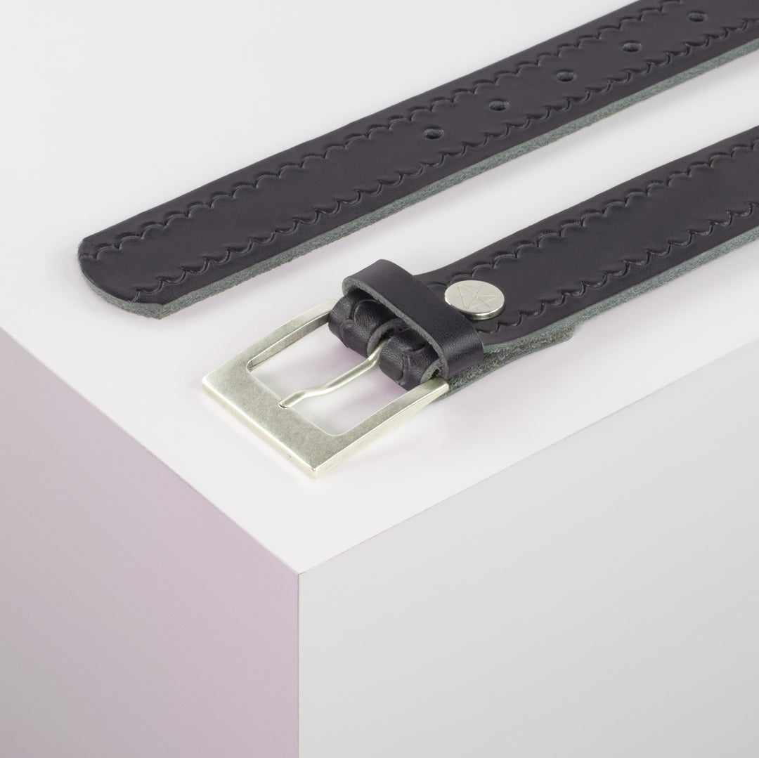 Ledergürtel 3,5cm mit Schnalle Porto silber navi kleine Welle