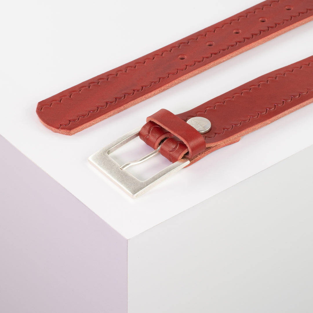 Ledergürtel 3,5cm mit Schnalle Porto silber rot kleine Welle