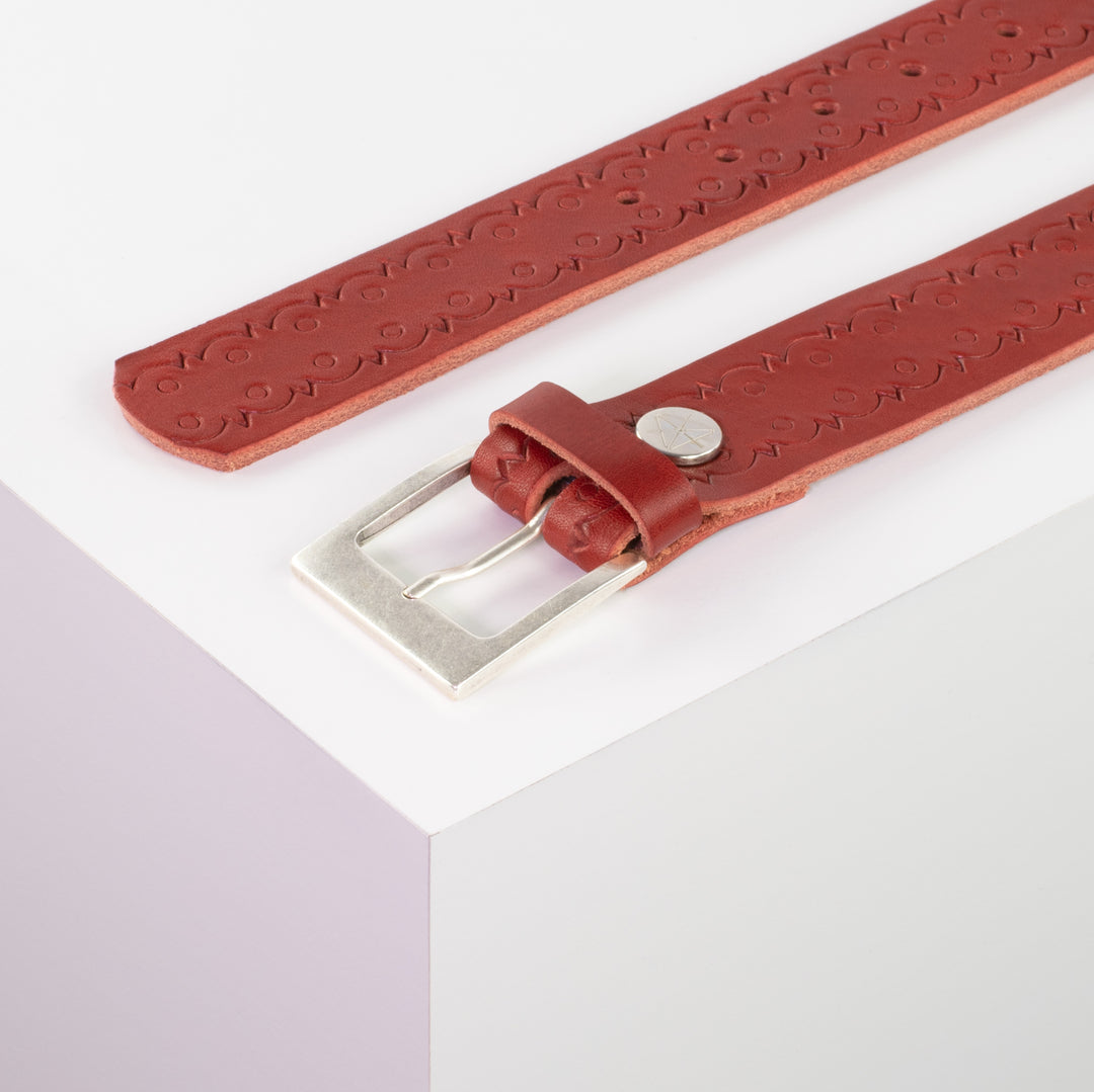 Ledergürtel 3,5cm mit Schnalle Porto silber rot Lochwelle