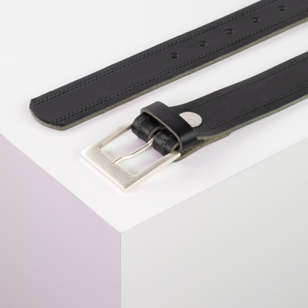 Ledergürtel 3,5cm mit Schnalle Porto silber schwarz Reißverschluss